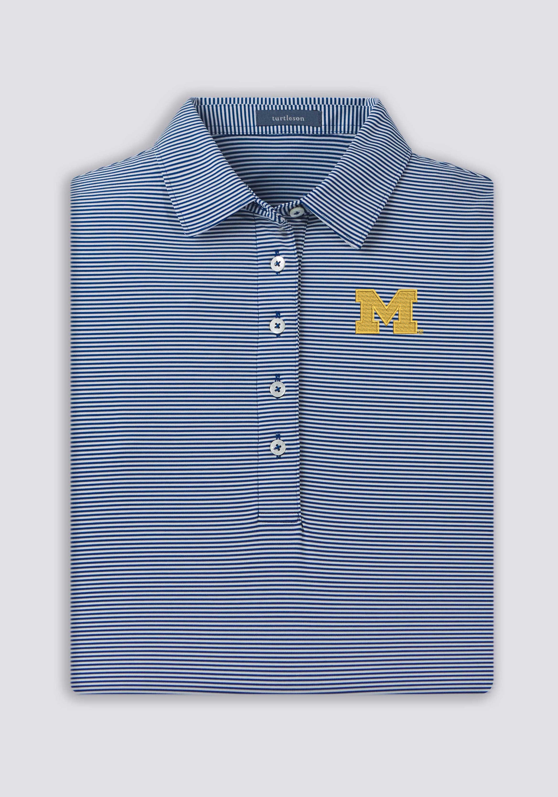 Michigan Wolverines Ladies Cara Navy Striped Polo - Front View