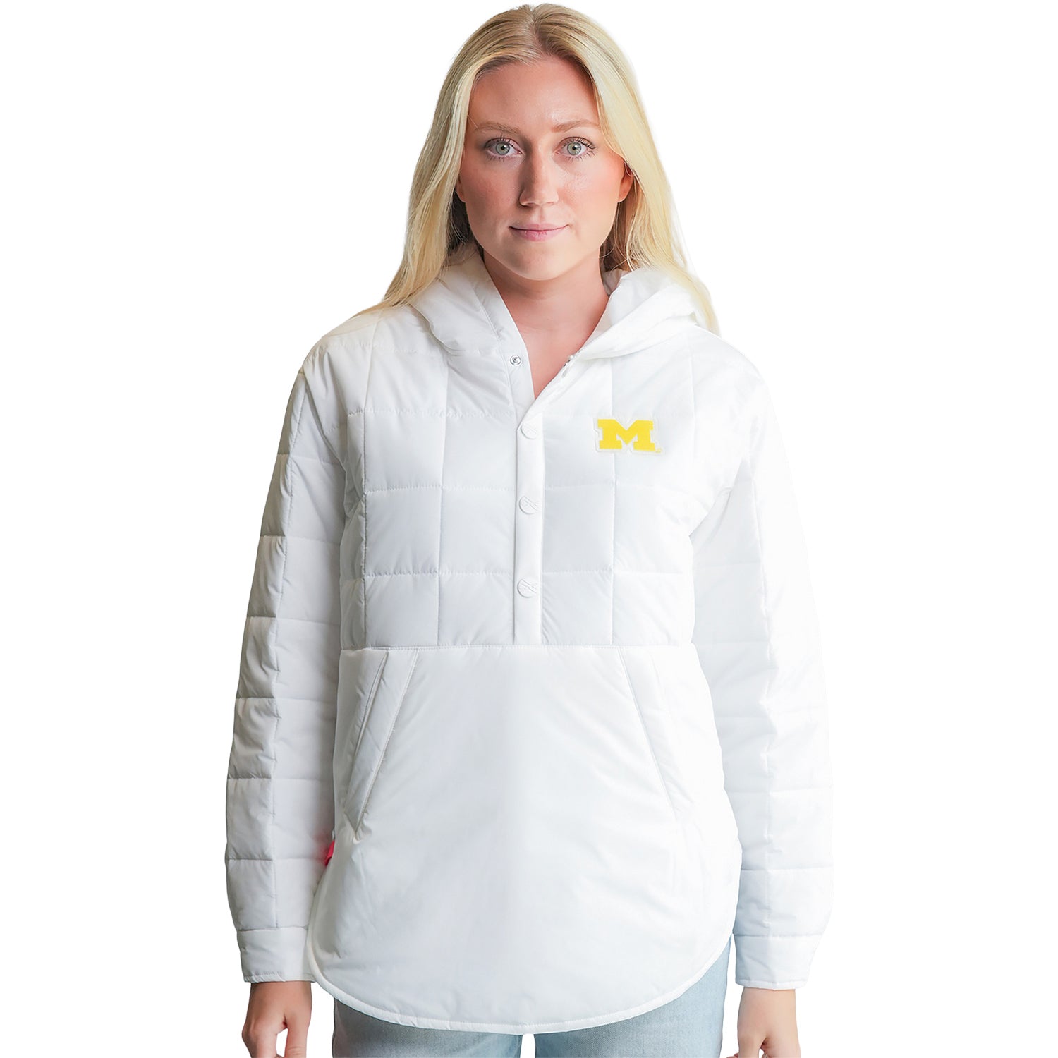 Michigan Wolverines Women's Gwynn Three Button Panel Jacket In White - Front View