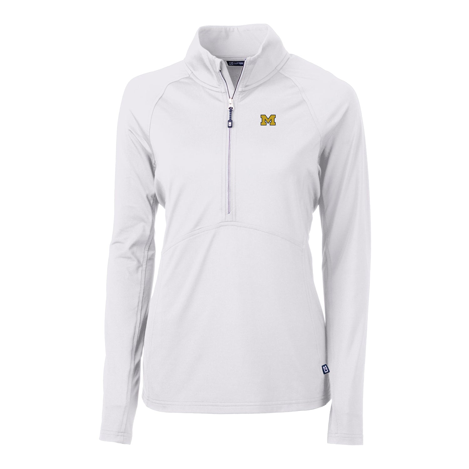 Ladies Michigan Wolverines Cutter & Buck 1/4 Zip Adapt Eco White Pullover Jacket - Front View