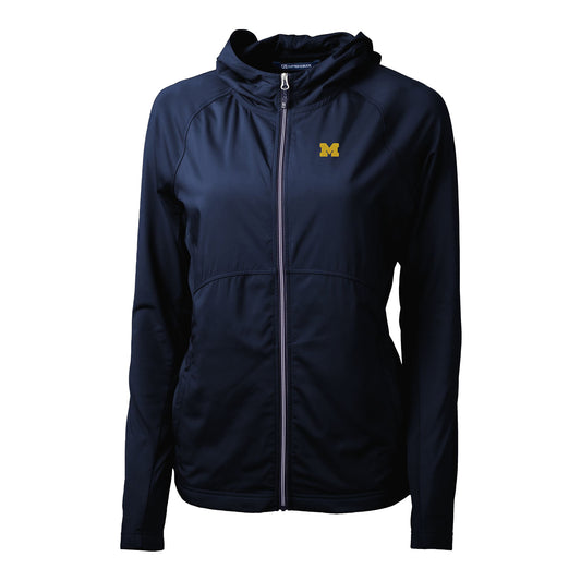 Ladies Michigan Wolverines Cutter & Buck Full Zip Adapt Echo Hybrid Navy Jacket - Front View