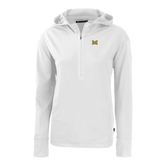 Ladies Michigan Wolverines Cutter & Buck 1/2 Zip Hooded Daybreak Recycled White Jacket - Front View