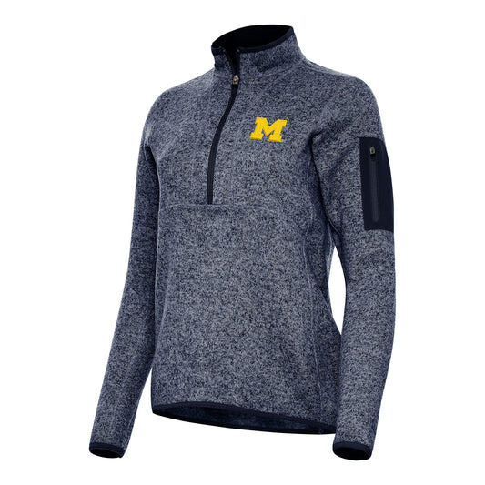 Michigan Wolverines Ladies Heather Navy Fortune Quarter Zip Pullover - Front View