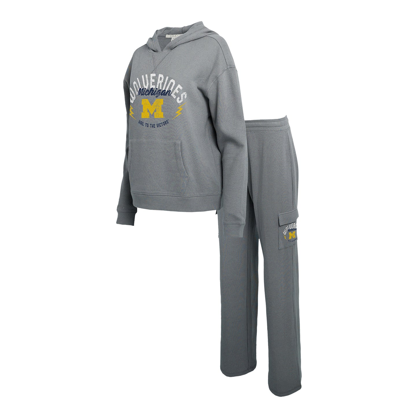 Michigan Wolverines WEAR Grey Waffle Lounge Set In Grey - Sweatshirt & Pants - Front View