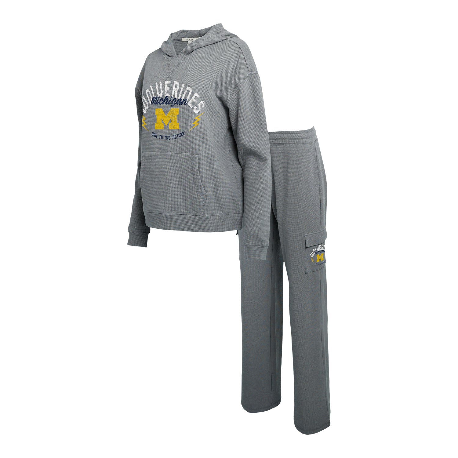 Michigan Wolverines WEAR Grey Waffle Lounge Set In Grey - Sweatshirt & Pants - Front View
