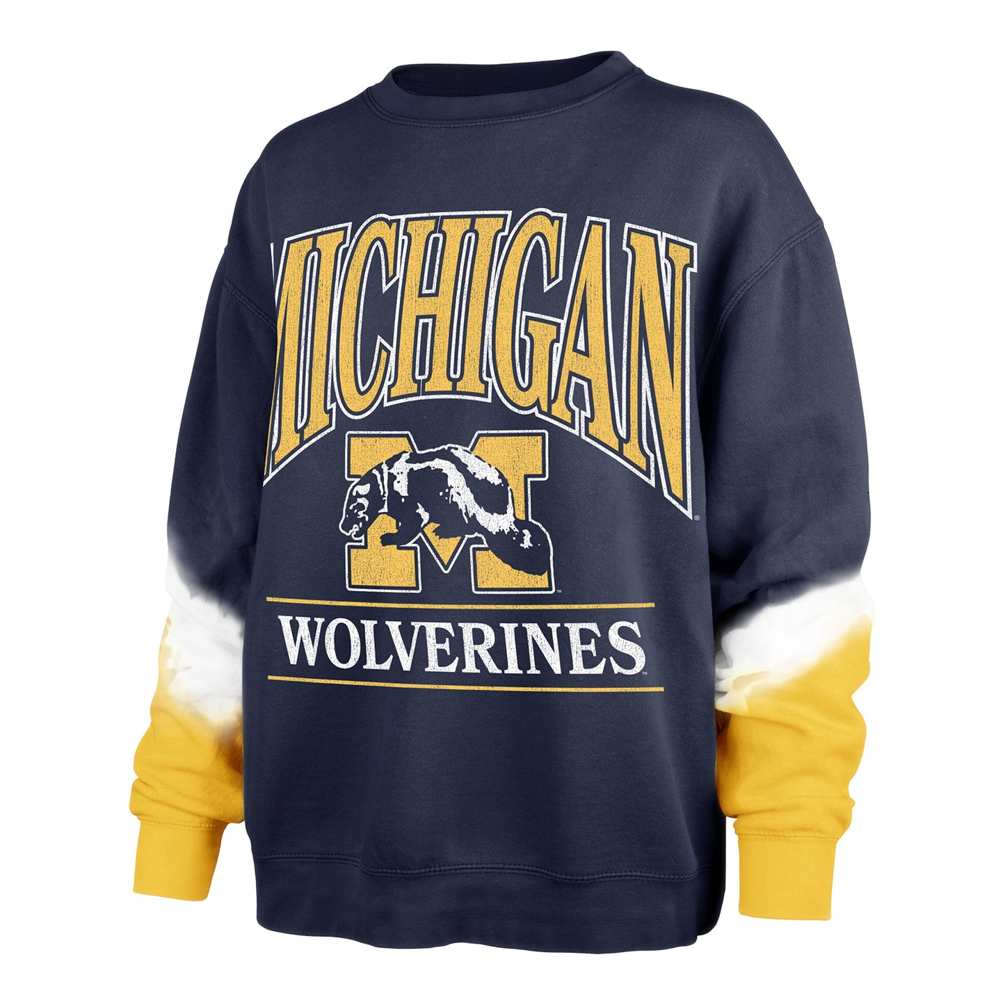 Michigan Wolverines '47 Brand Blue Womens Vintage Atlas Sleeve Dye Boyfriend Crew - Front View