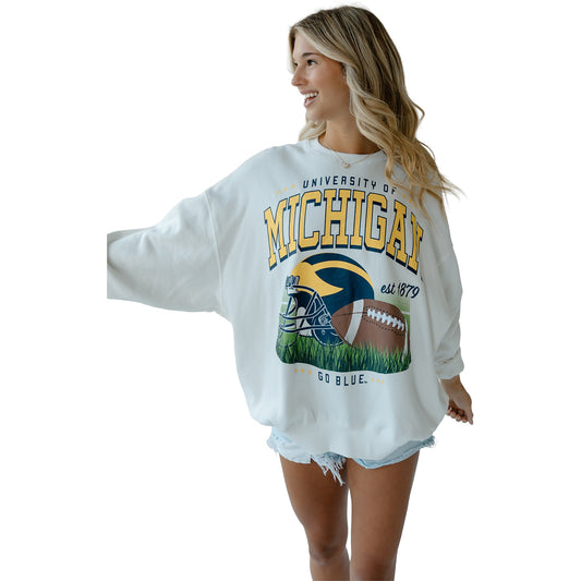 Michigan Wolverines Ladies Malone Fleece Crewneck Sweatshirt In White - Front View