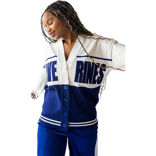 Michigan Wolverines Ladies Carley Lux Cardigan In White & Blue - Front View