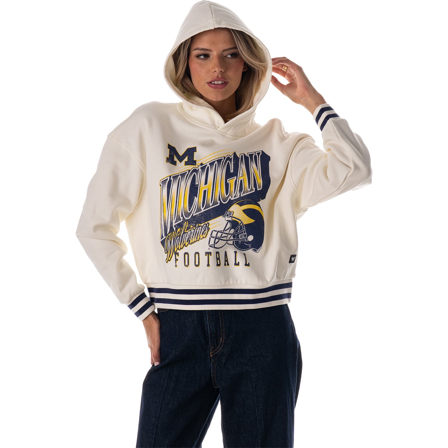 Michigan Wolverines Women's Cropped Football Hoodie in White - Front View