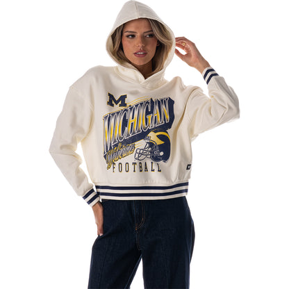 Michigan Wolverines Women's Cropped Football Hoodie in White - Front View