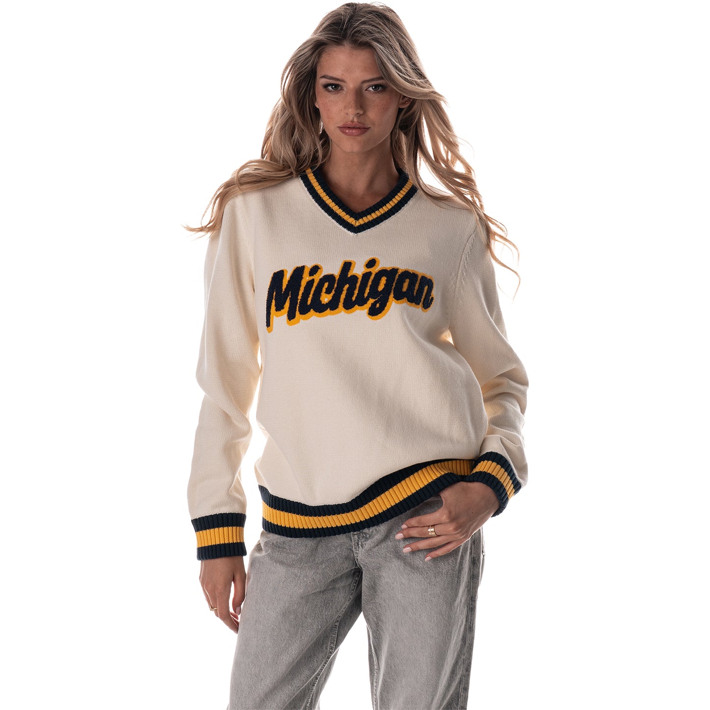 Michigan Wolverines Women's Crewneck Jacquard V-Neck Sweater In White - Front View