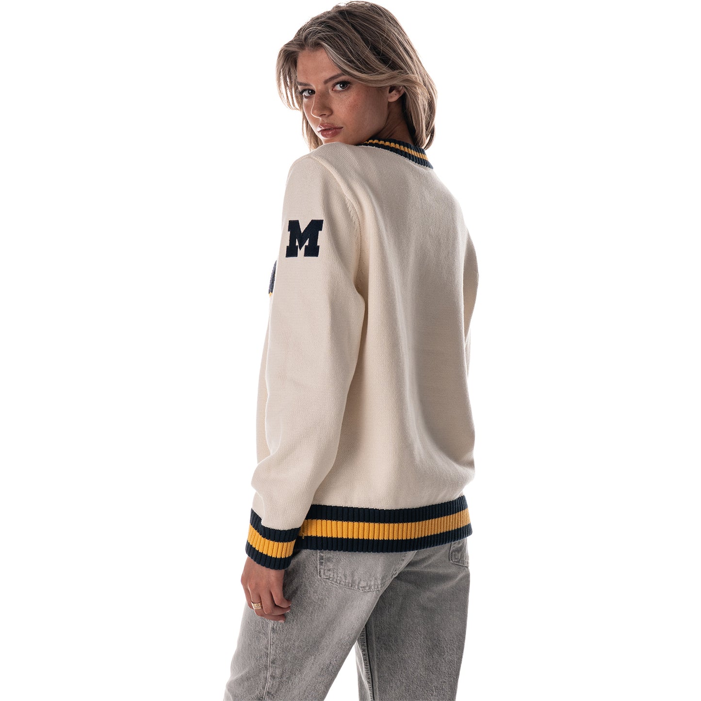 Michigan Wolverines Women's Crewneck Jacquard V-Neck Sweater In White - Side View