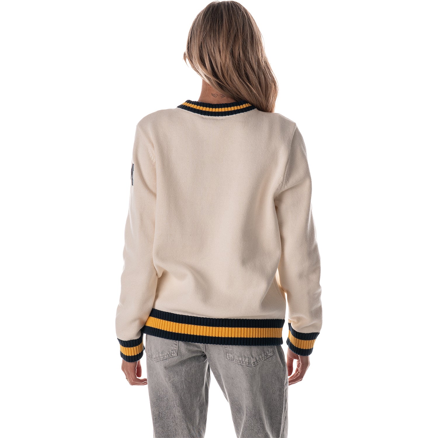 Michigan Wolverines Women's Crewneck Jacquard V-Neck Sweater In White - Back View