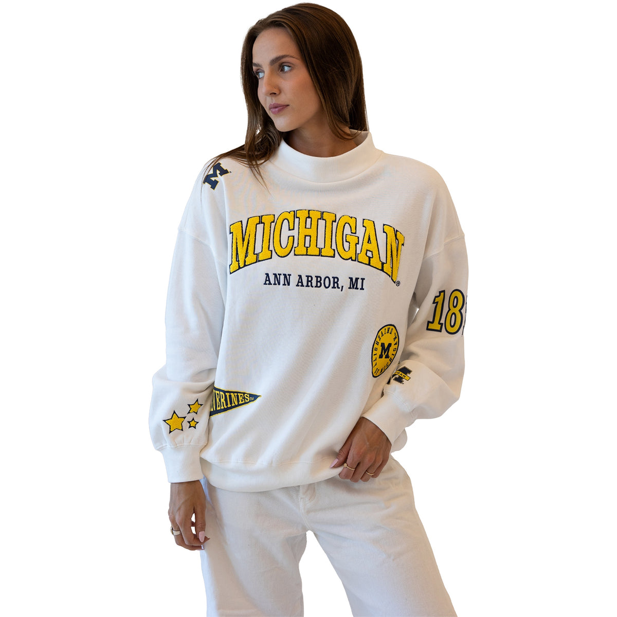 Michigan Wolverines Ladies Black All Over Print Oversized Crewneck
