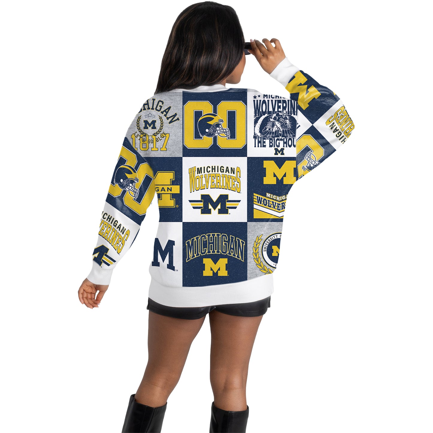 Michigan Wolverines White Patch Print Crewneck
