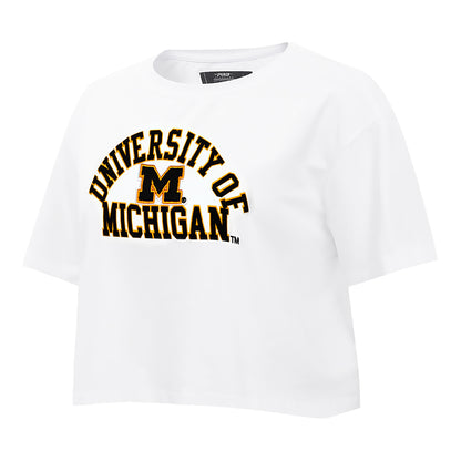 Michigan Wolverines Women's Pro Standard White Arch Wordmark Crop T-Shirt - Alternate Front View