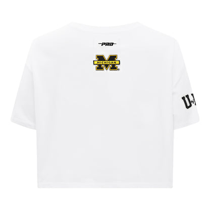 Michigan Wolverines Women's Pro Standard White Arch Wordmark Crop T-Shirt - Back View