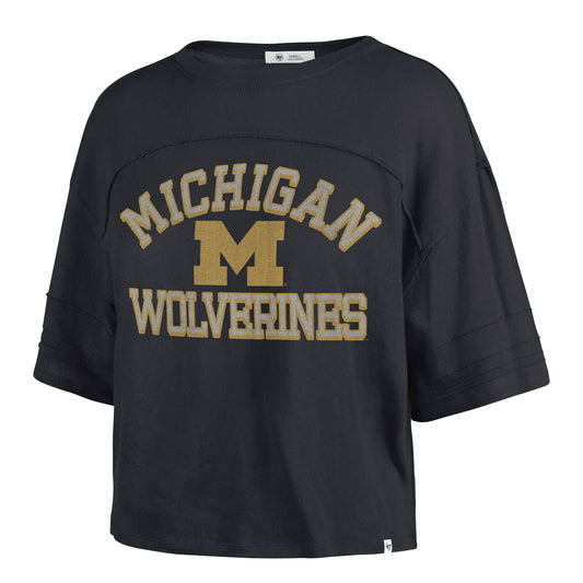 Michigan Wolverines Women's Blue '47 Brand Arch Stevie Crop T-Shirt - Front View