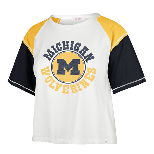 Michigan Wolverines Women's White '47 Brand Center Stage Gia Crop T-Shirt - Front View