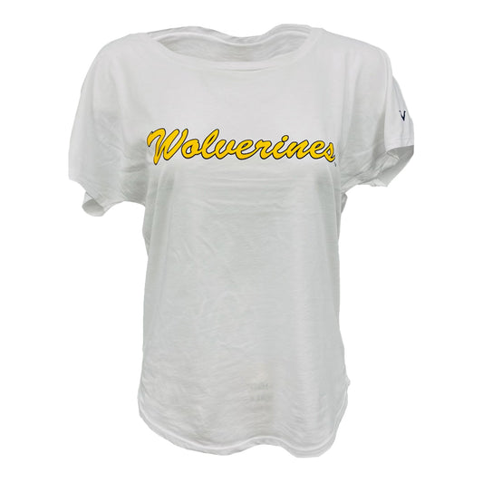 Michigan Wolverines Womens Valiant White Cursive Wordmark T-Shirt