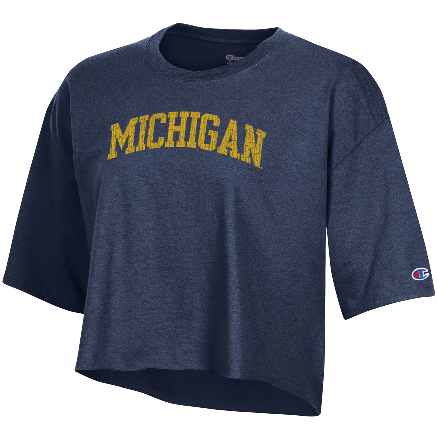 Michigan Wolverines Women's Champion Blue Wordmark Crop T-Shirt - Front View