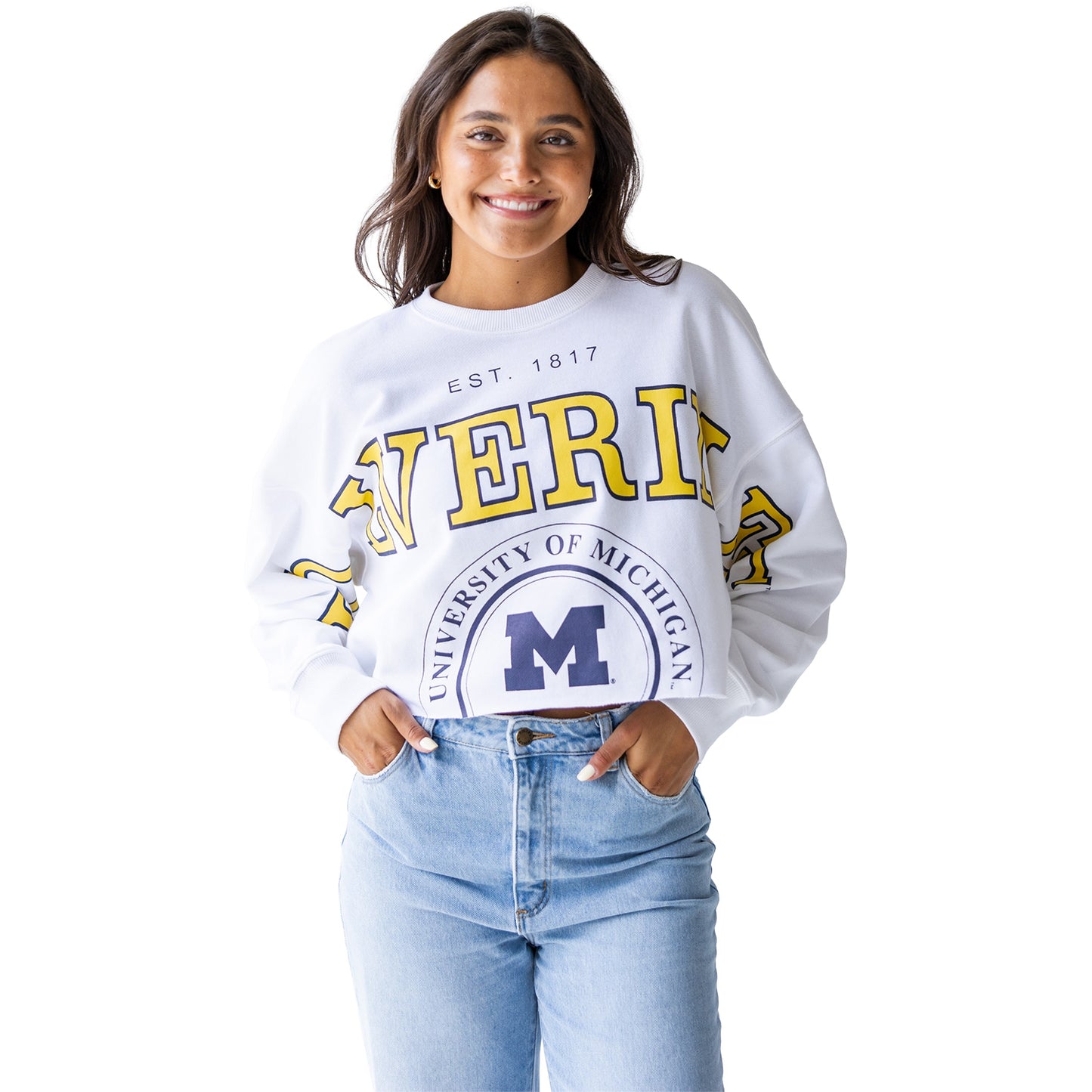 Michigan Wolverines Ladies Phipps Split Cropped Long Sleeve Tee In White - Front View 2