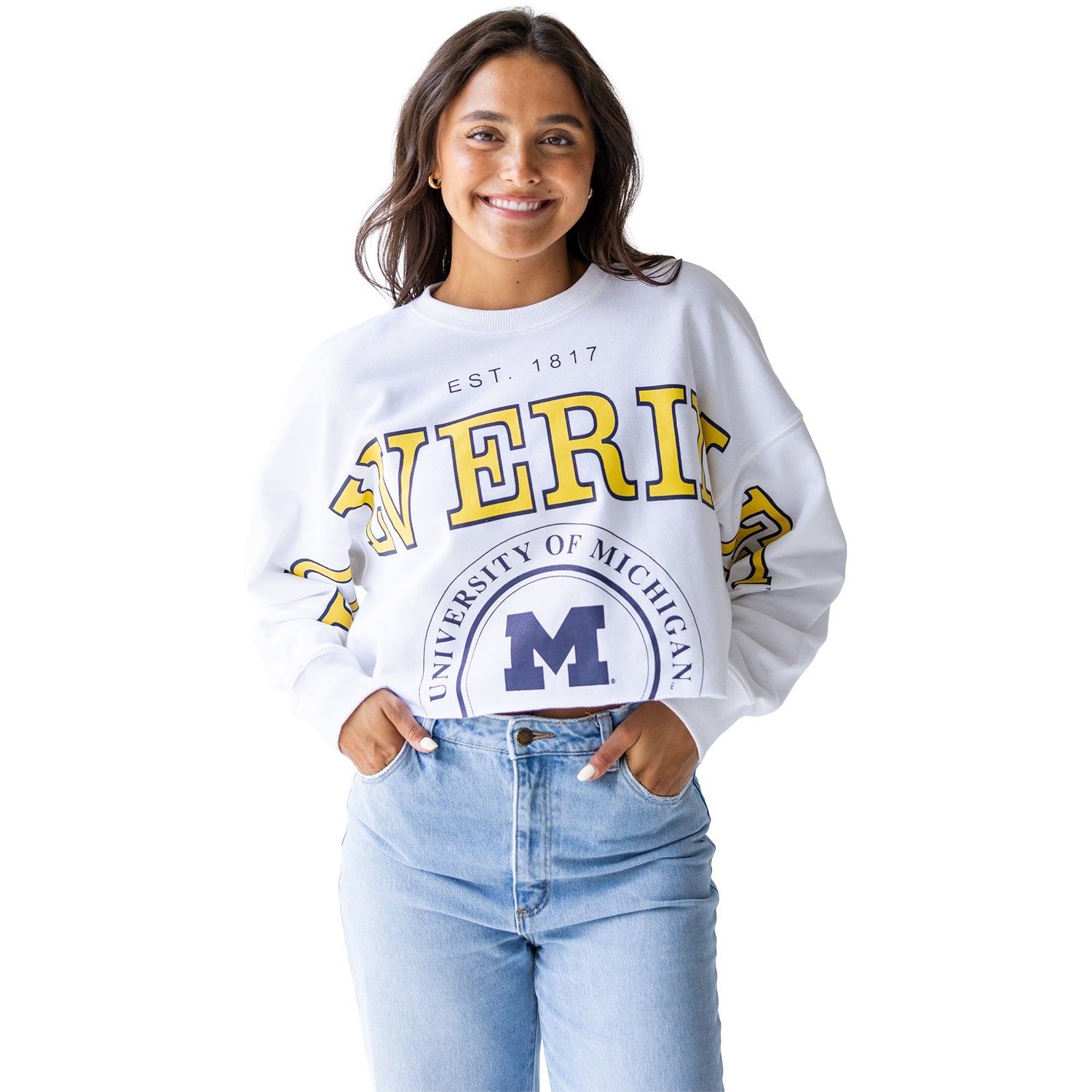 Michigan Wolverines Ladies Phipps Split Cropped Long Sleeve Tee In White - Front View 2