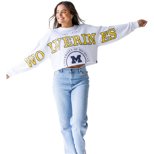 Michigan Wolverines Ladies Phipps Split Cropped Long Sleeve Tee In White - Front View