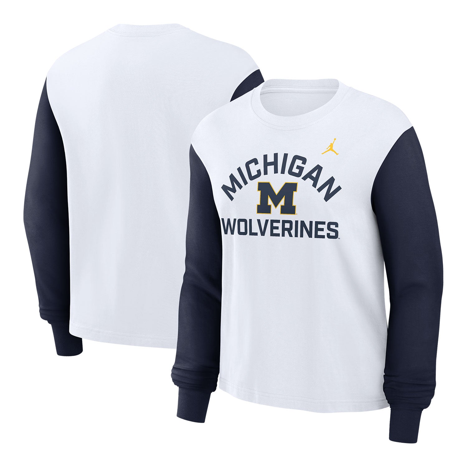 Michigan Wolverines Nike Jordan Ladies White Long Sleeve Boxy Tee - Front & Back View