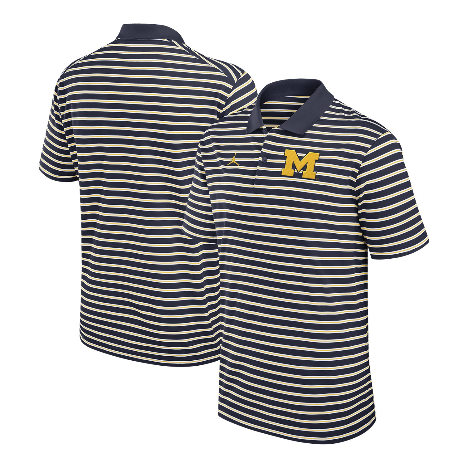 Michigan Wolverines Nike Jordan Striped Logo Polo In Navy - Front & Back View