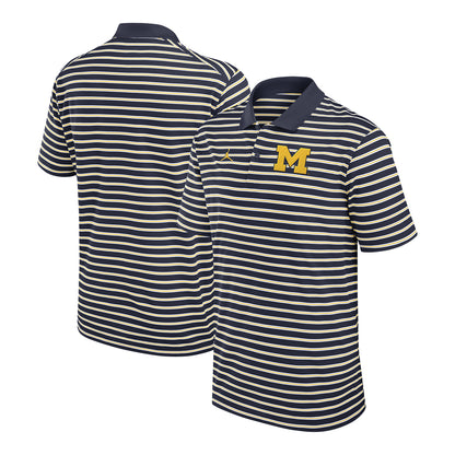 Michigan Wolverines Nike Jordan Striped Logo Polo In Navy - Front & Back View