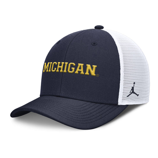 Michigan Wolverines Jordan Sideline Trucker Navy Hat - Front Left View