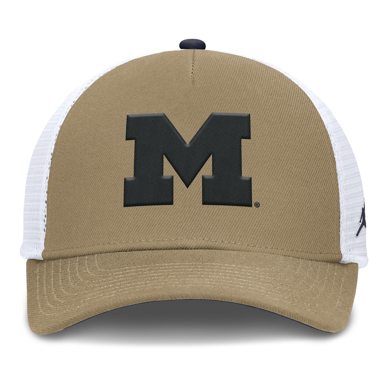 Michigan Wolverines Jordan Rise 5 Pannel Tan Trucker Hat - Front View