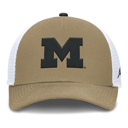 Michigan Wolverines Jordan Rise 5 Pannel Tan Trucker Hat - Front View