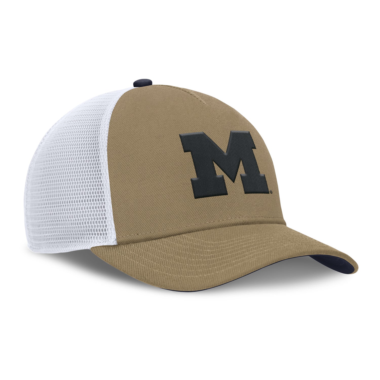 Michigan Wolverines Jordan Rise 5 Pannel Tan Trucker Hat - Front Right View