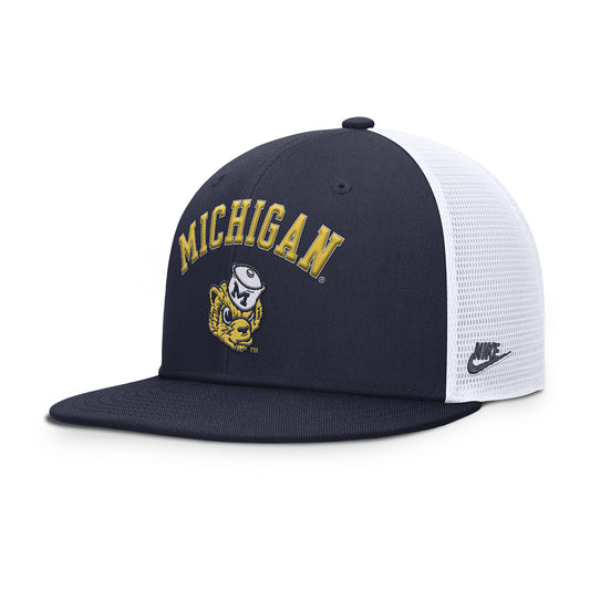 Michigan Wolverines Nike Vault Trucker Flatbrim Navy Trucker Hat - Front Left View