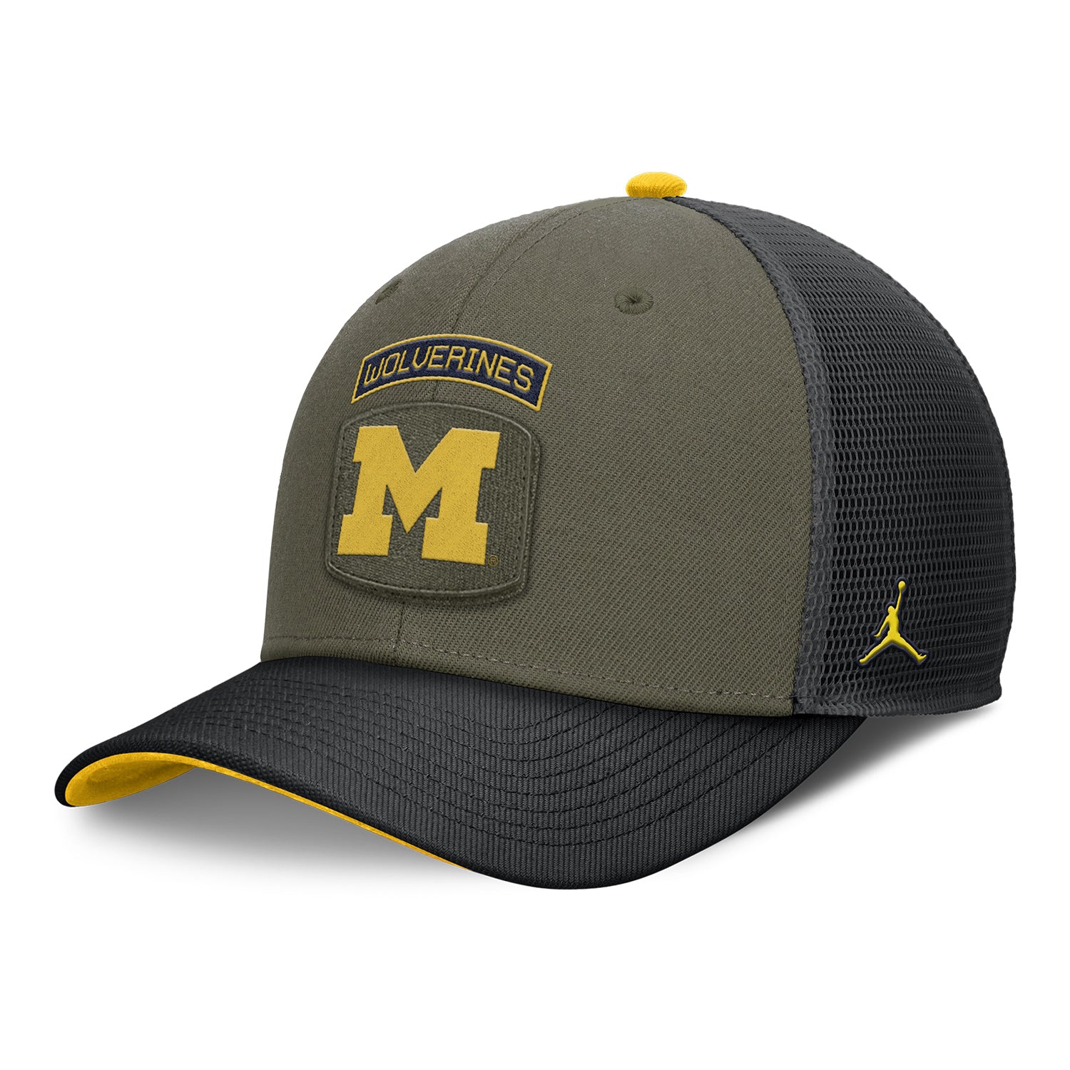 Michigan Wolverines Jordan Military Rise Structured Trucker Hat - Left Angled View