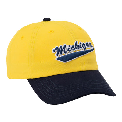 Michigan Wolverines Two-Tone Script Dad Hat In Maize - Front Right View