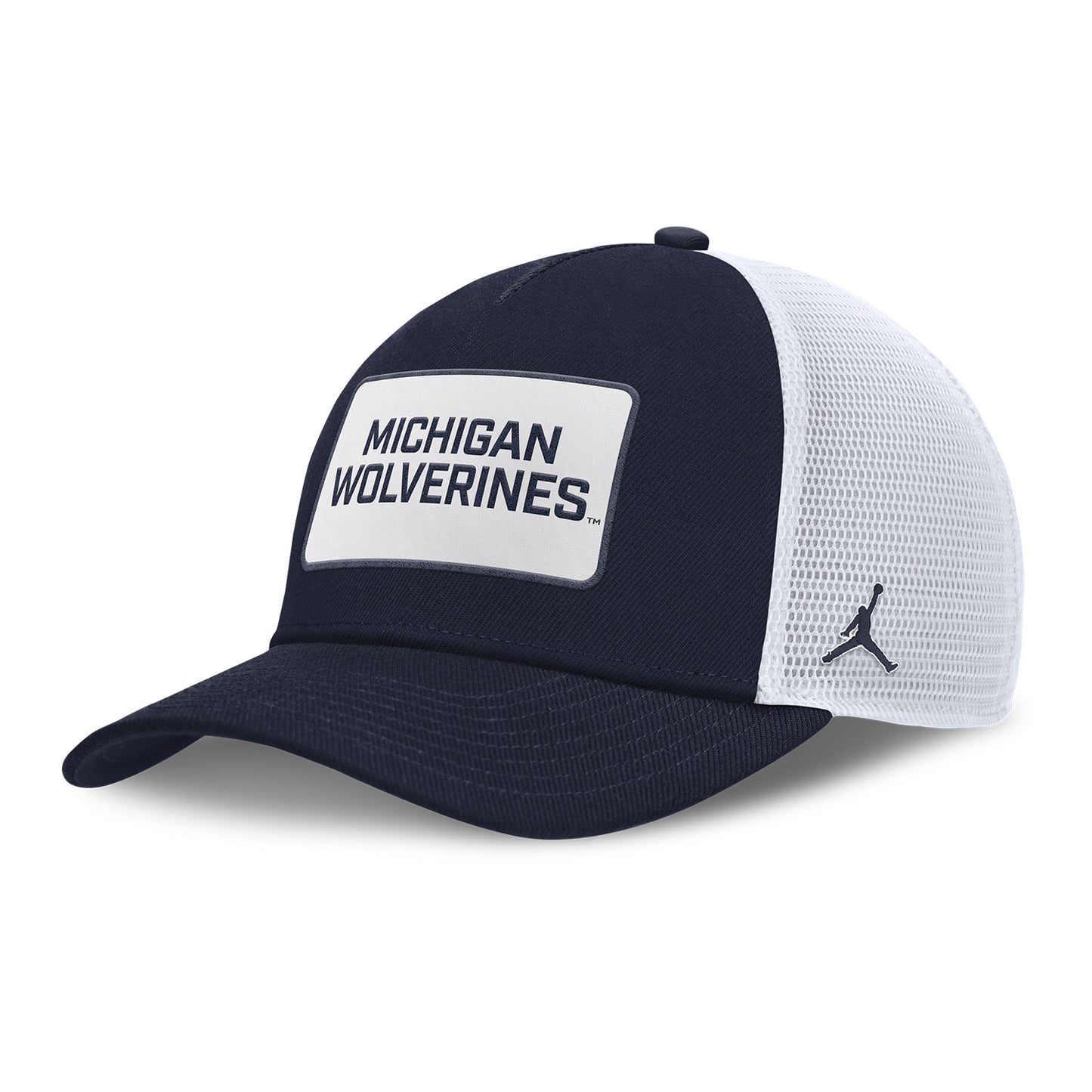Michigan Wolverines Nike Jordan Navy Rise Trucker Gameday Hat - Front Left View