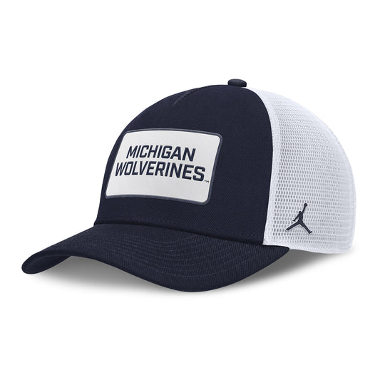 Michigan Wolverines Nike Jordan Navy Rise Trucker Gameday Hat - Front Left View