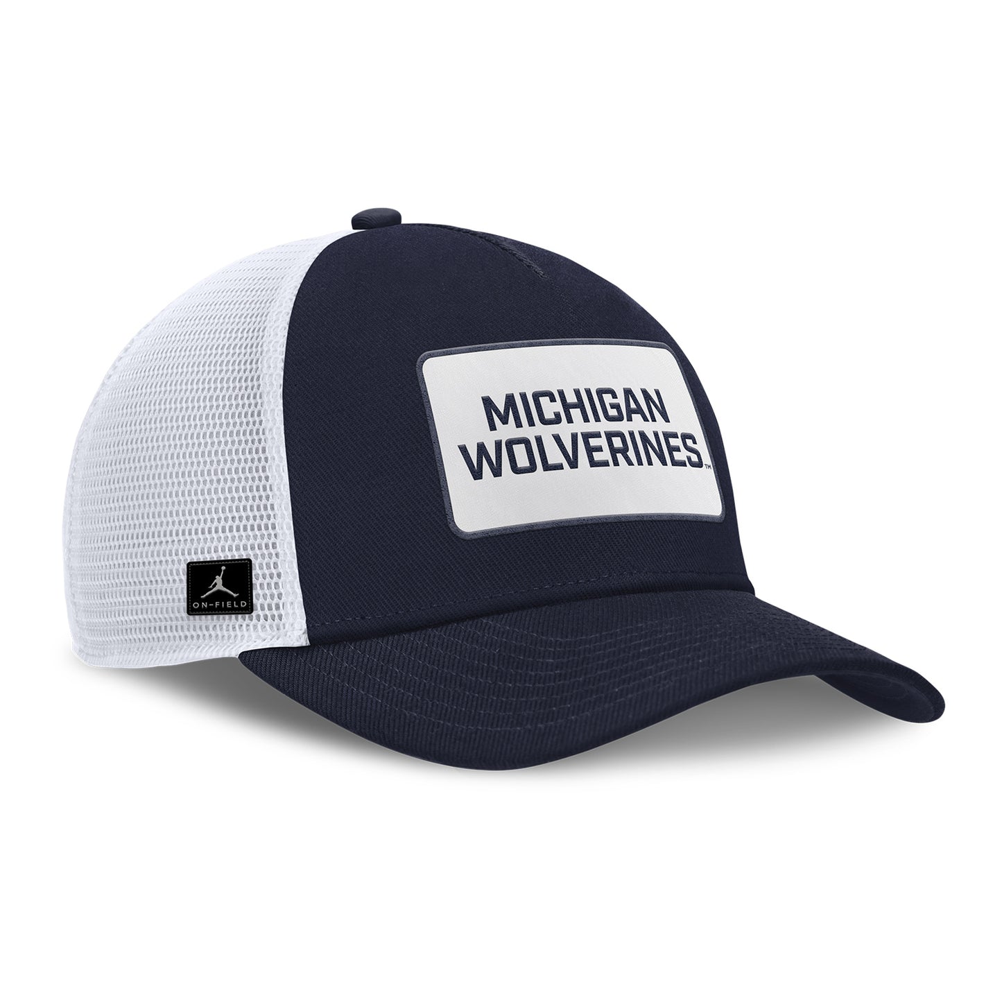 Michigan Wolverines Nike Jordan Navy Rise Trucker Gameday Hat - Front Right View