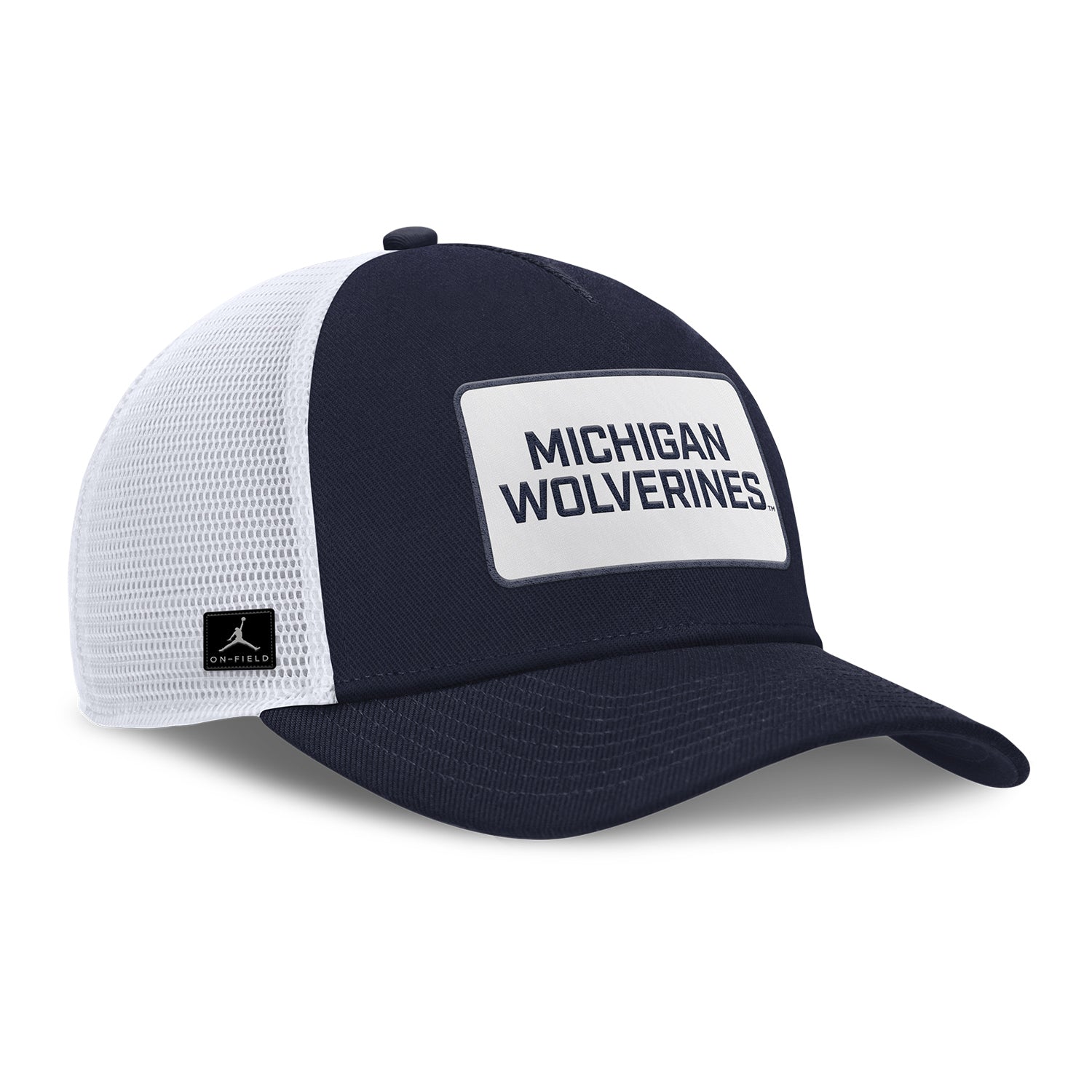 Michigan Wolverines Nike Jordan Navy Rise Trucker Gameday Hat - Front Right View
