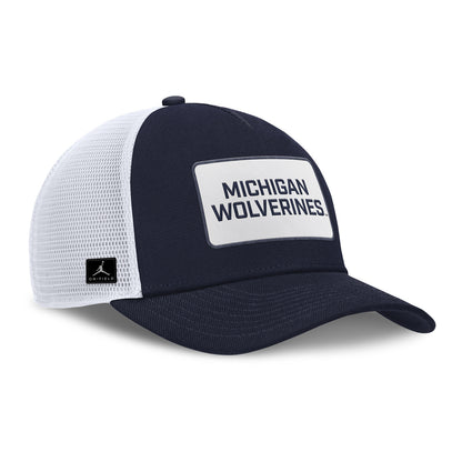 Michigan Wolverines Nike Jordan Navy Rise Trucker Gameday Hat - Front Right View