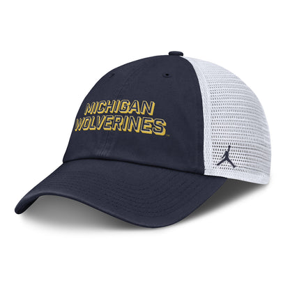 Michigan Wolverines Nike Jordan Navy Club Trucker Hat - Front Left View
