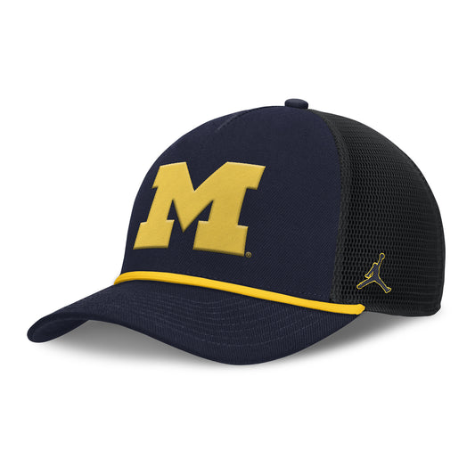 Michigan Wolverines Nike Jordan Navy Rise Trucker Primetime Hat - Front Left View