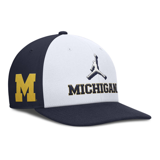 Michigan Wolverines White and Navy Snapback Pro Primetime Hat - Front Right View