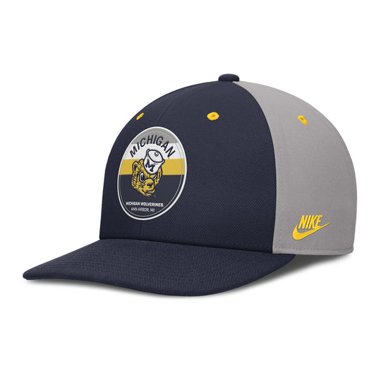 Michigan Wolverines Nike Navy and Grey Snapback Pro Legacy Hat - Front Left View