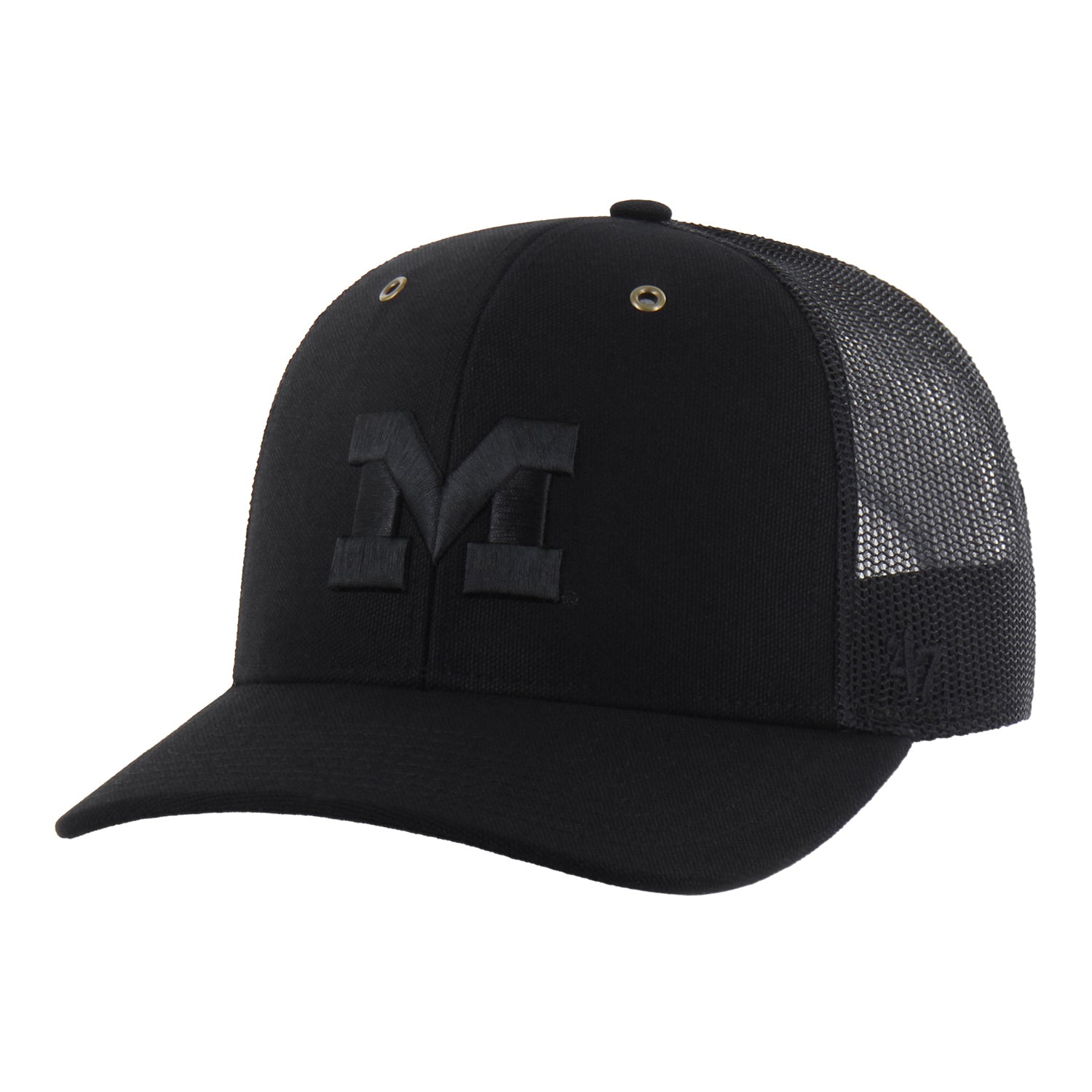 Michigan Wolverines Carhartt Black Tonal Block M Trucker Hat - Front View