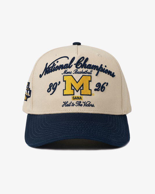 Michigan Wolverines Men's Basketball National Champions Script Cream & Navy Hat - Front View