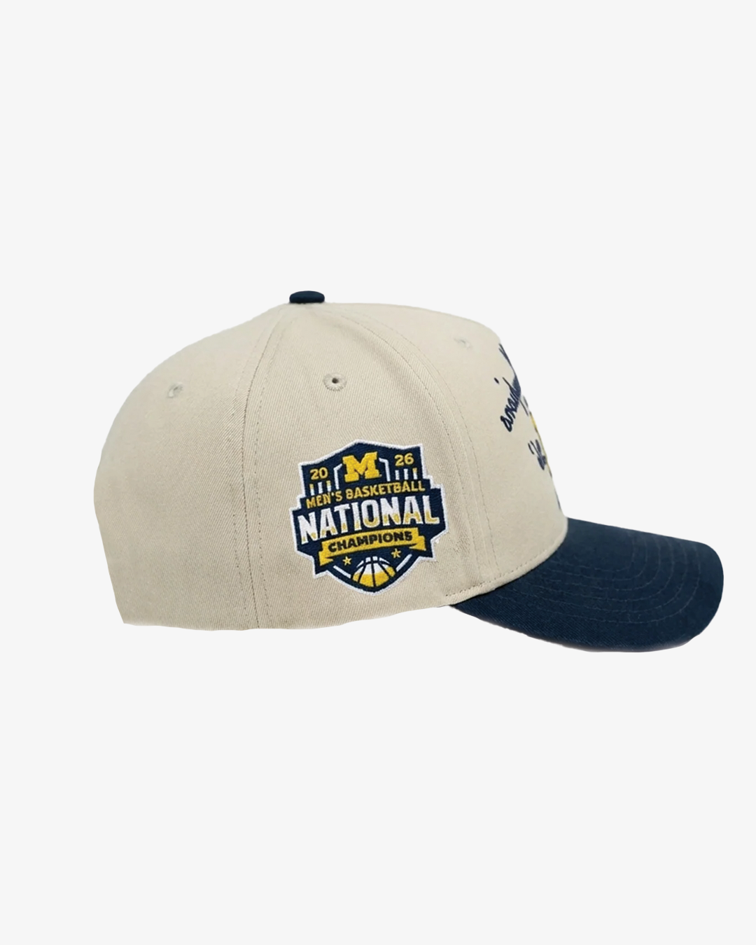 Michigan Wolverines Men's Basketball National Champions Script Cream & Navy Hat - Side View
