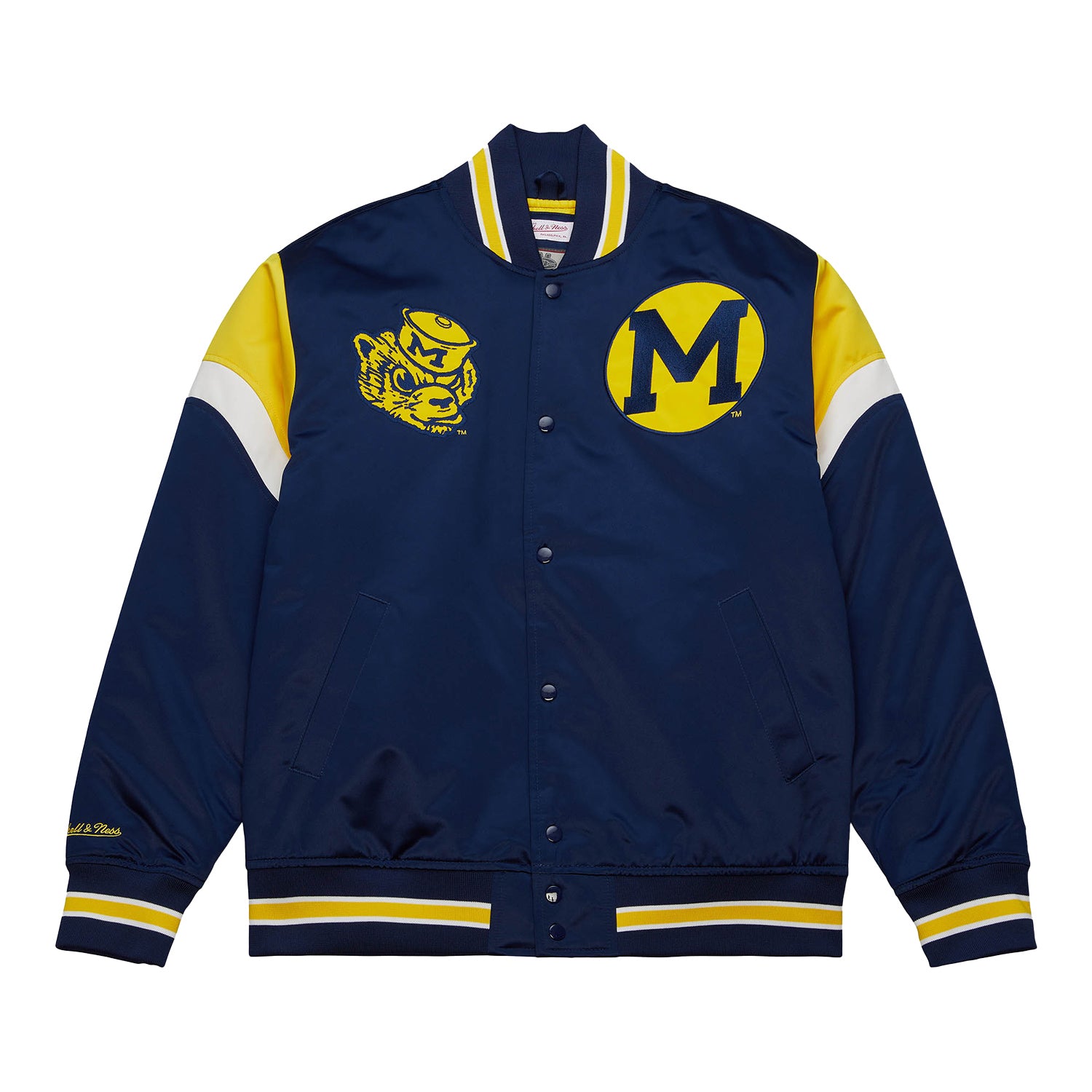 Michigan Wolverines Blue Mitchell & Ness Heavyweight Satin Jacket - Front View